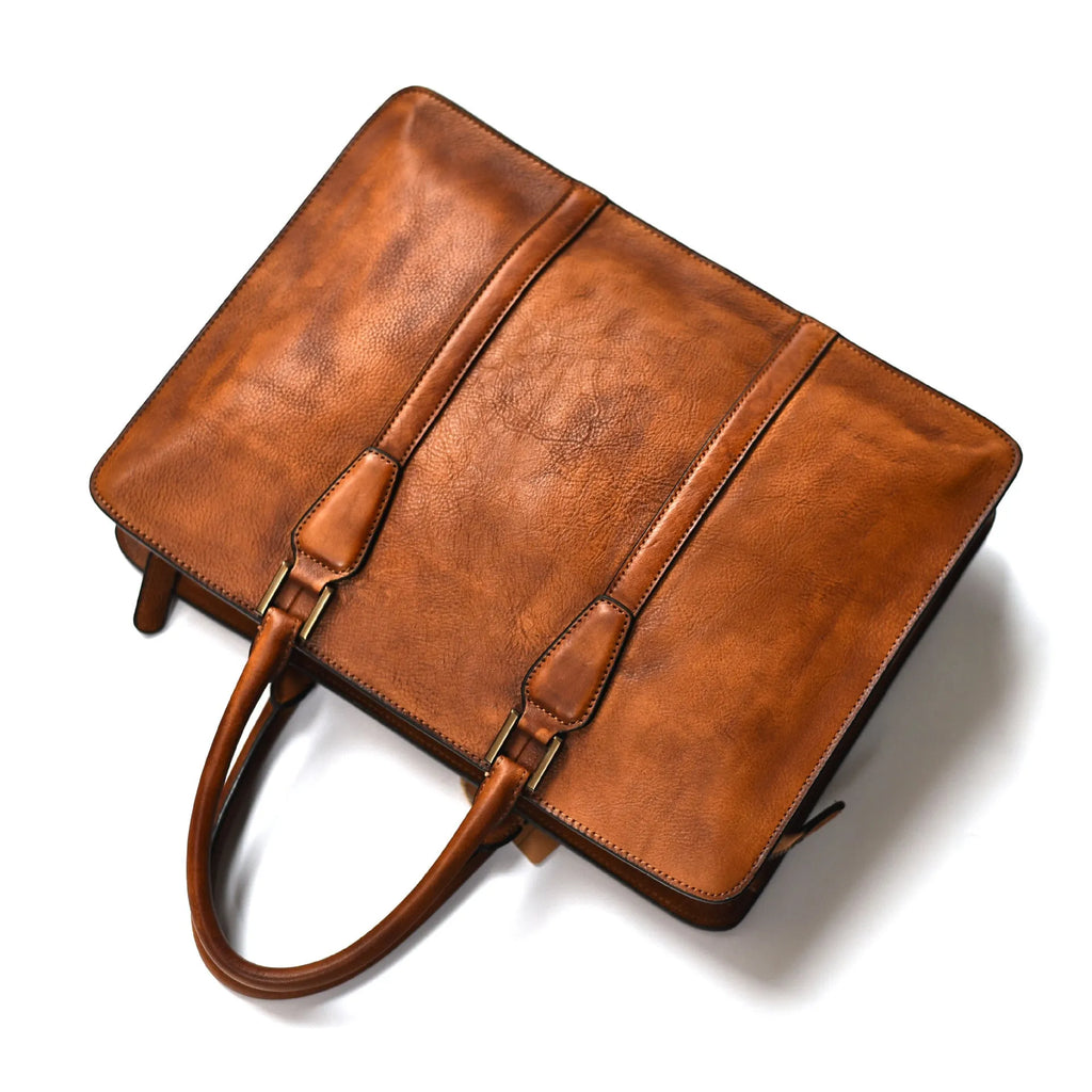 Men's 14-inch horizontal square leather handbag in khaki or black with zipper closure