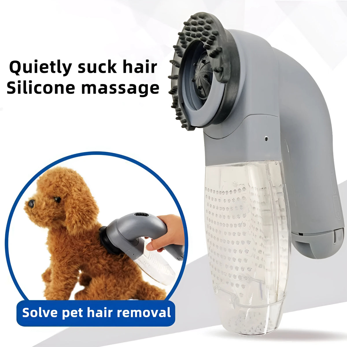 Grey portable pet hair vacuum cleaner with soft rubber grooming head on a fabric sofa