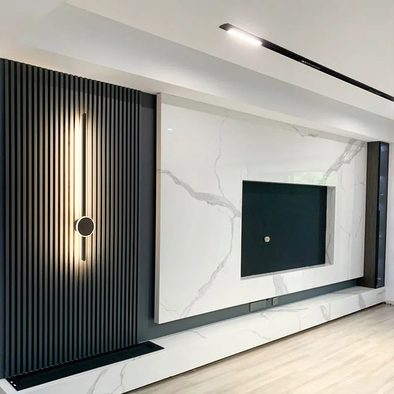 Modern black and white strip wall lamp with acrylic shade and three-colour LED lighting