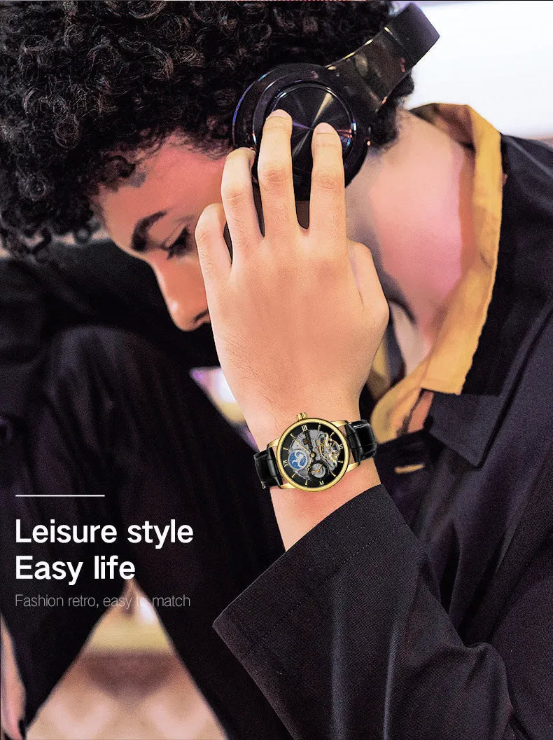 Automatic mechanical watch with hollow moon dial, 13.5mm thick, gold or silver case, black gold blue or white face