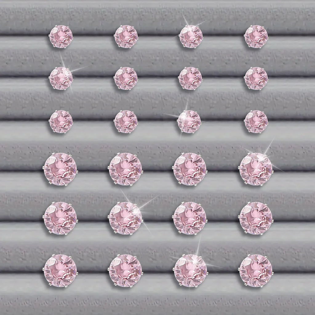 Pink round women's earrings set of 12 pairs on display, alloy with electroplated finish, geometric stud style
