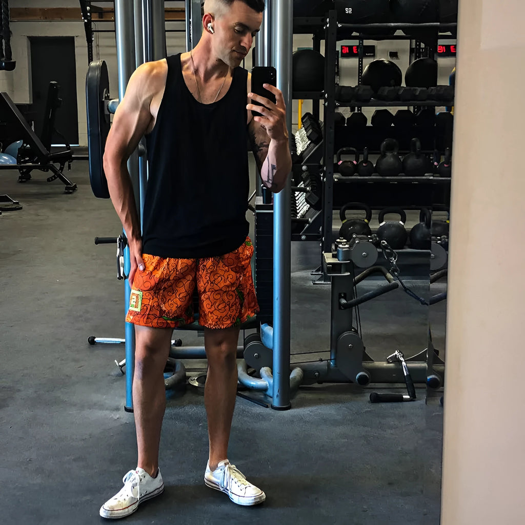 Anime Devil Fruit men's gym shorts in straight tube eight-point cut, sizes S to 6XL, orange purple red