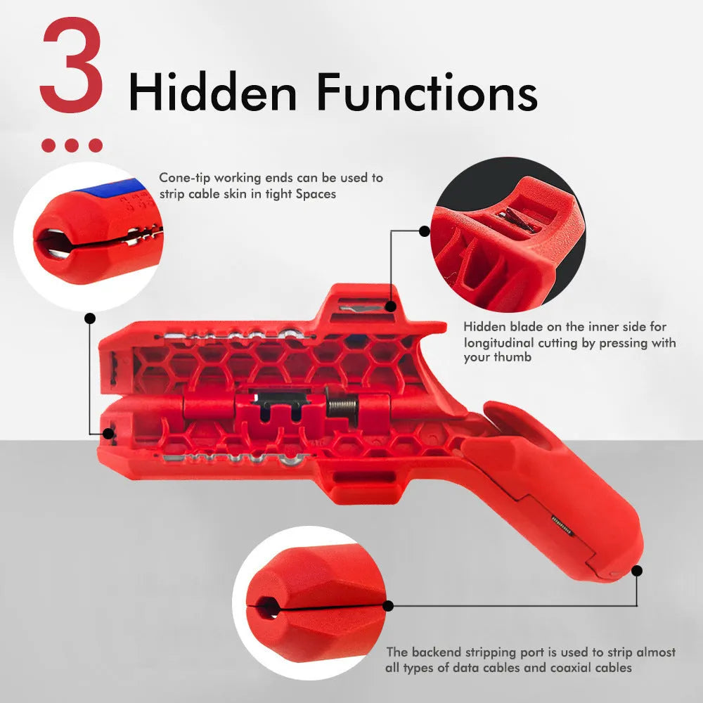 Multifunctional wire stripper for wire and cable stripping and peeling, shown in red or black, single pack