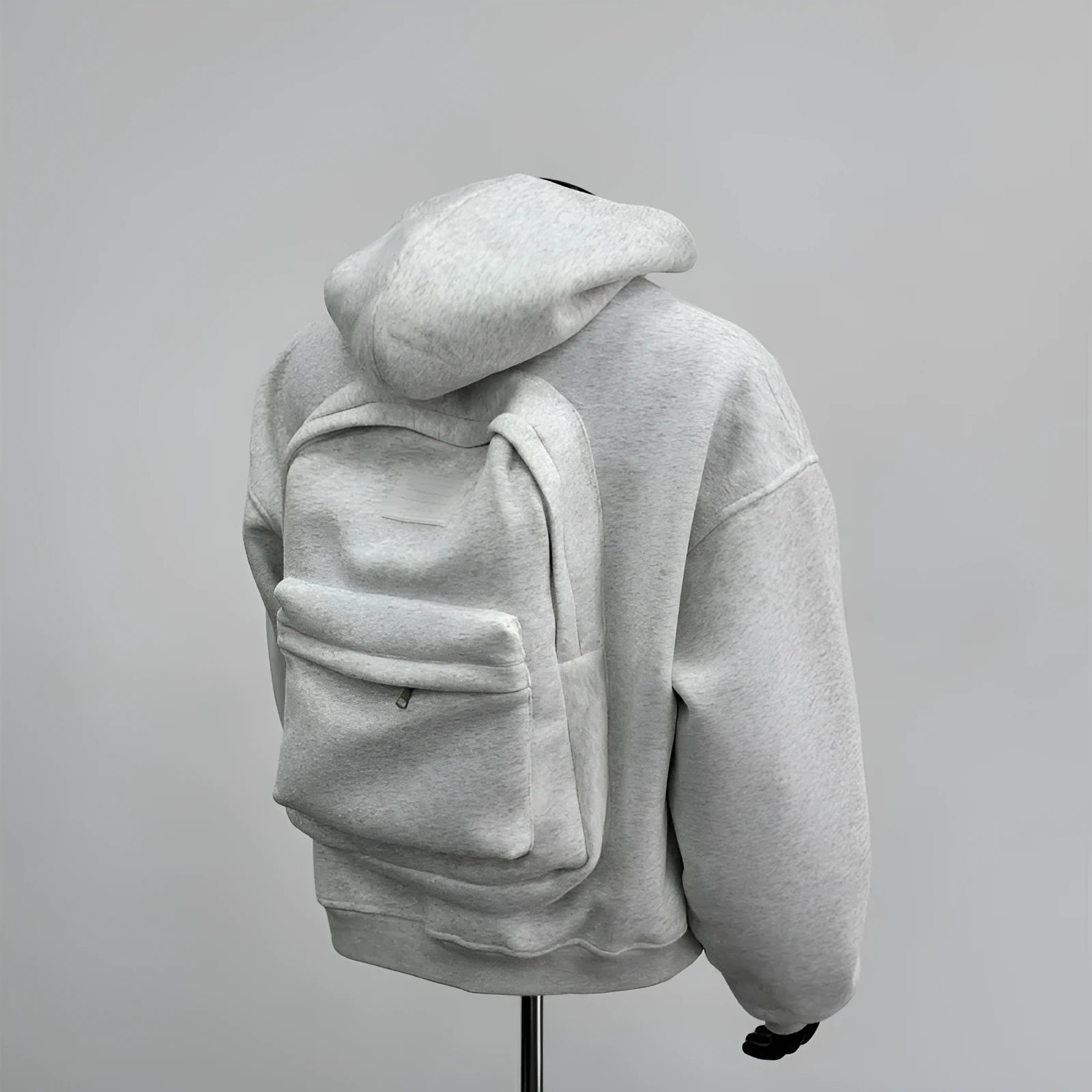Back schoolbag design men's coat in light gray with hood, polyester cotton fabric, front view