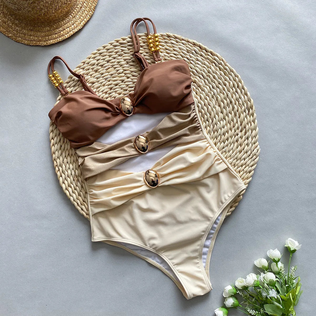 Women's brown one-piece swimsuit with matching beige skirt, high elasticity spandex fabric.