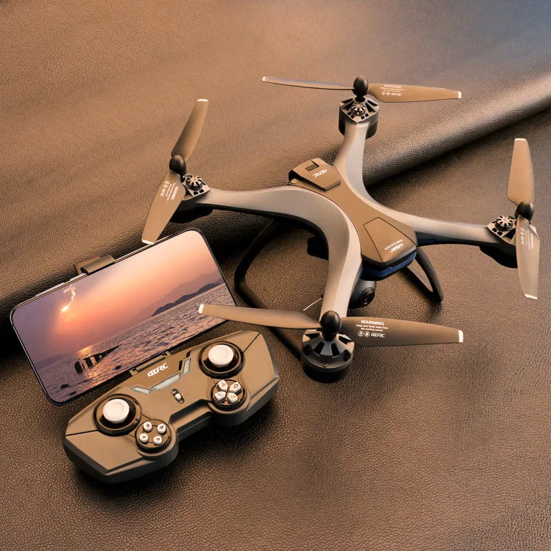 Plastic quadrocopter remote control drone with GPS, camera, and spare blades on landing gear