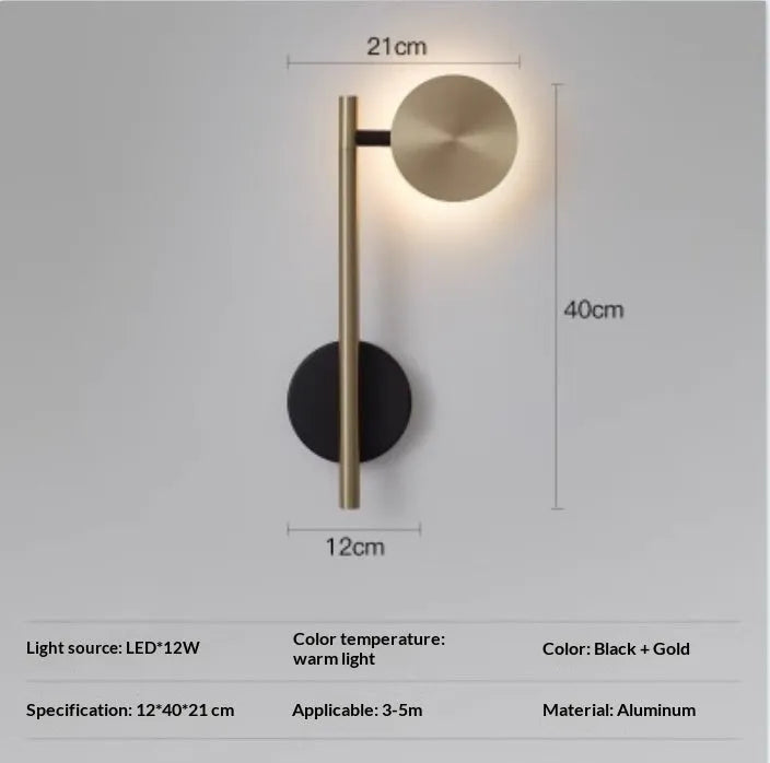 Rotatable swivel head wall lamp in black and gold, 220V, for corridor and bedside use