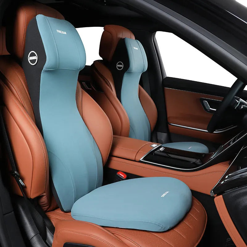 Automotive memory foam cushion and headrest lumbar support set in multiple colours