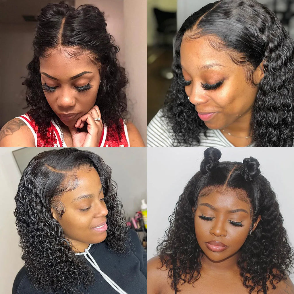 Short bob wig jerry curly human hair 150% 180% density transparent lace front natural black