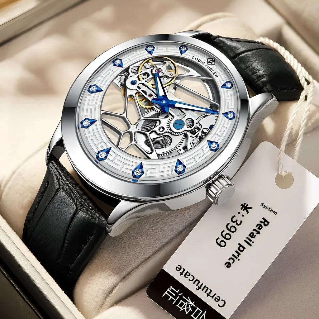 Men's silver case mechanical watch with white dial, blue hands, and black leather strap