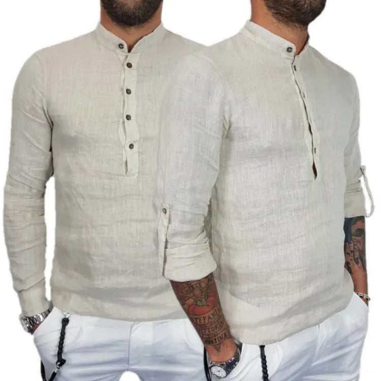 Men's loose fit long sleeve hemp cotton blend casual t-shirt in black and beige front view