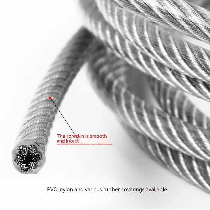 Close-up of a PVC-coated stainless steel security cable showing its multi-strand 7x19 construction.