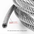 Close-up of a PVC-coated stainless steel security cable showing its multi-strand 7x19 construction.