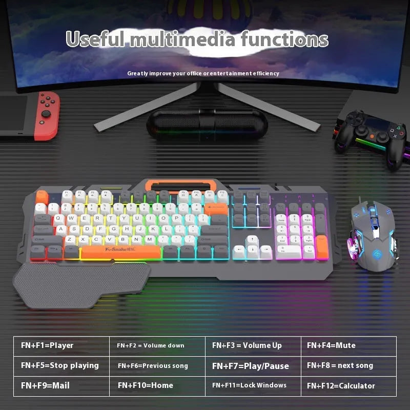 Blue wired gaming keyboard and mouse set with backlit keys on a desk