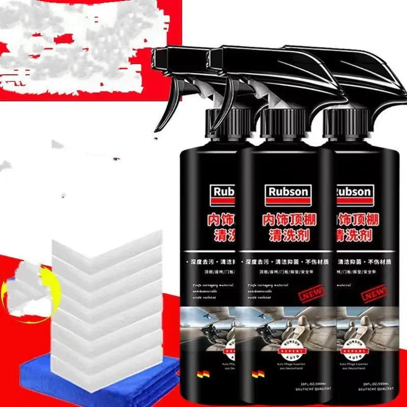 Bottle of wash free ultrasonic fabric roof cleaner with herb essence and oxidase for interior ceilings.