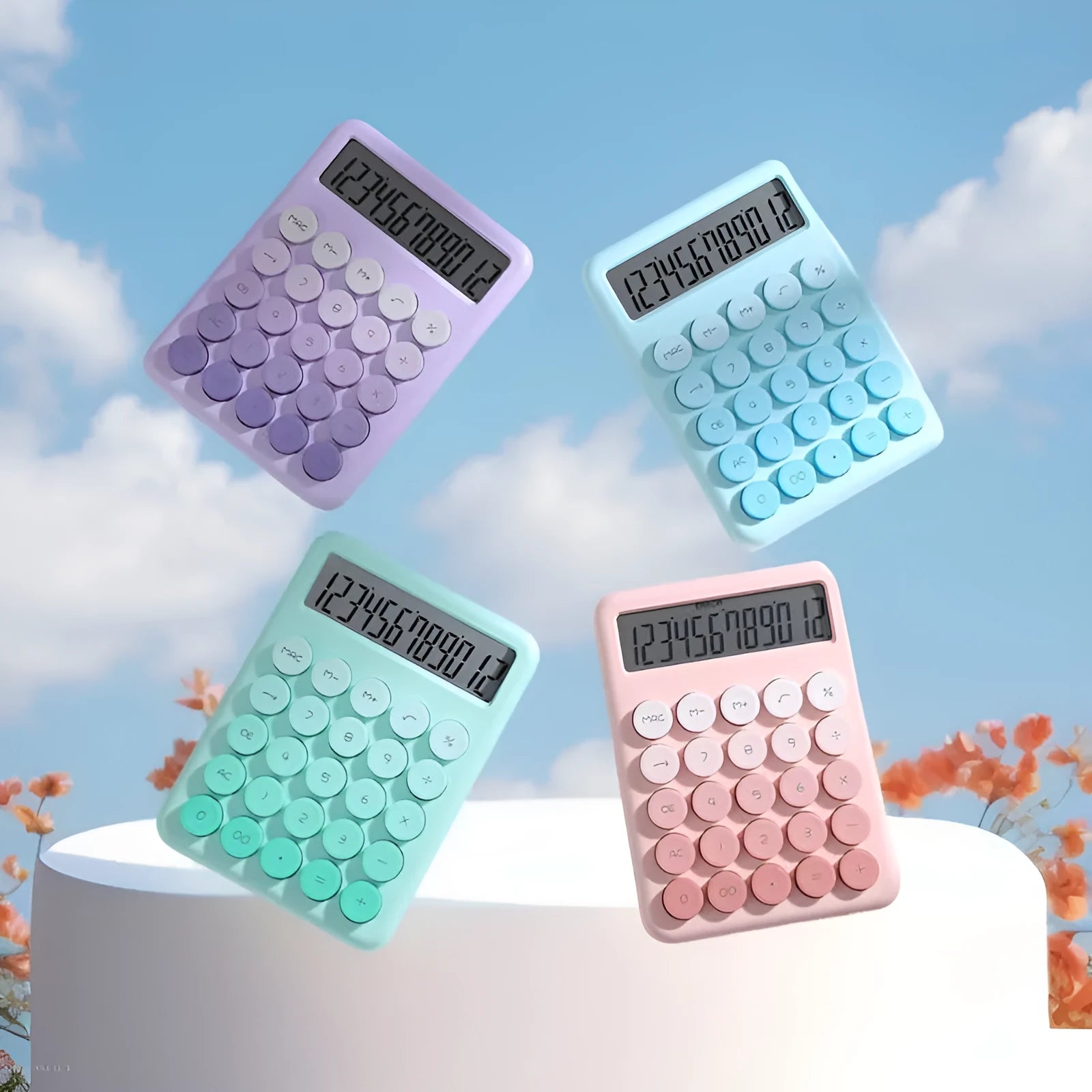 Gradient colour desktop calculator in ABS plastic showing violet, blue, green, and pink colour options
