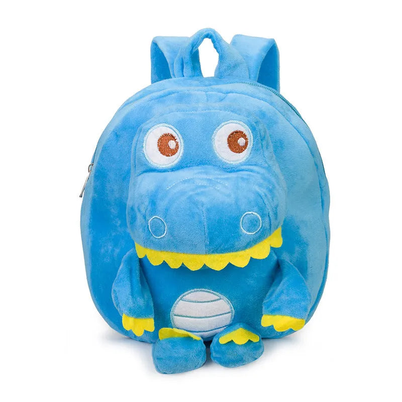 Blue dinosaur plush backpack for children with embroidery detail and soft handle