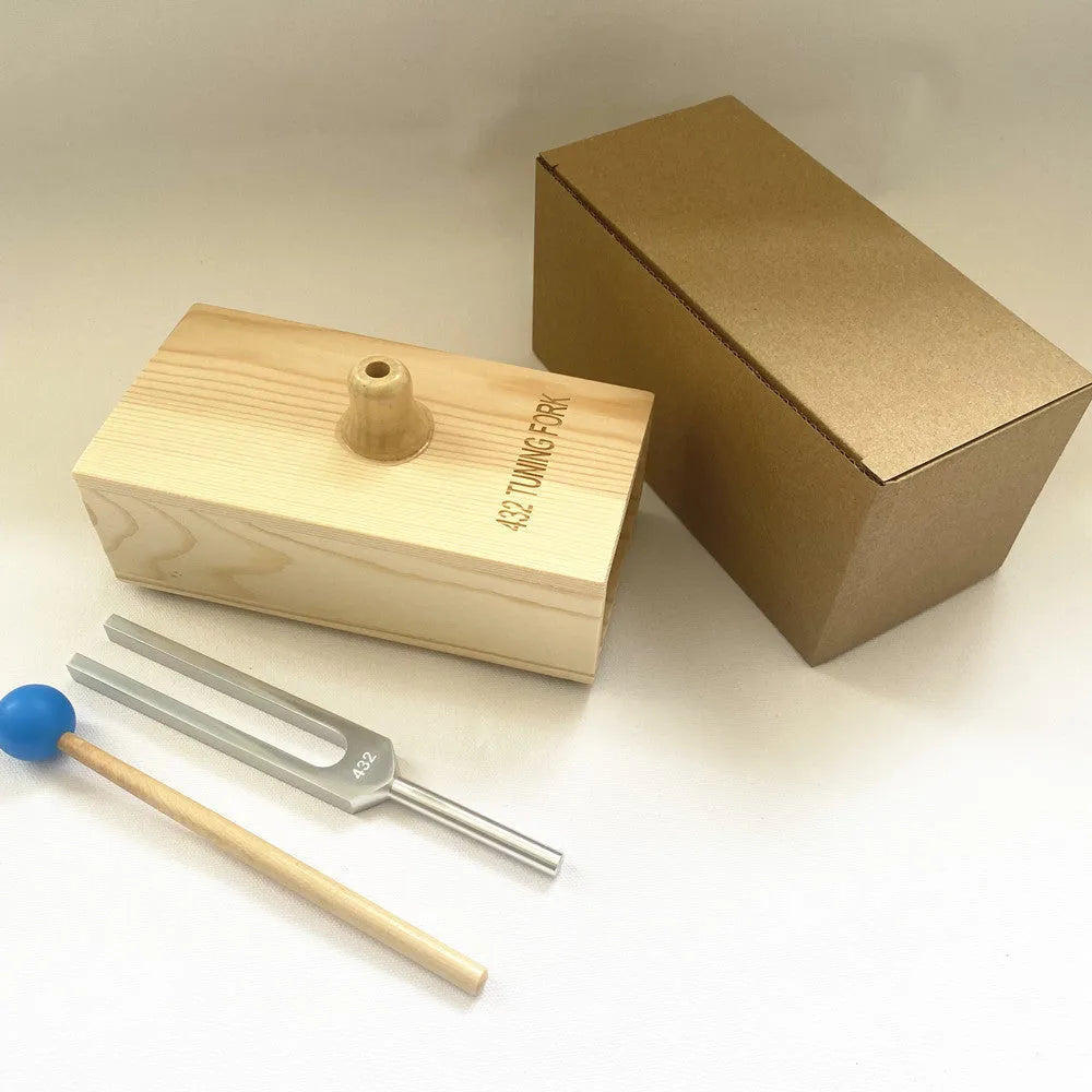 Aluminium alloy tuning fork and speaker set for 432Hz or 528Hz sound therapy.