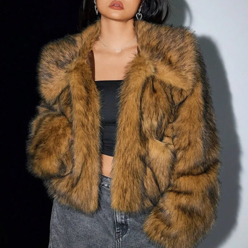 Short black artificial fur coat with a large fur collar, shown on a model.
