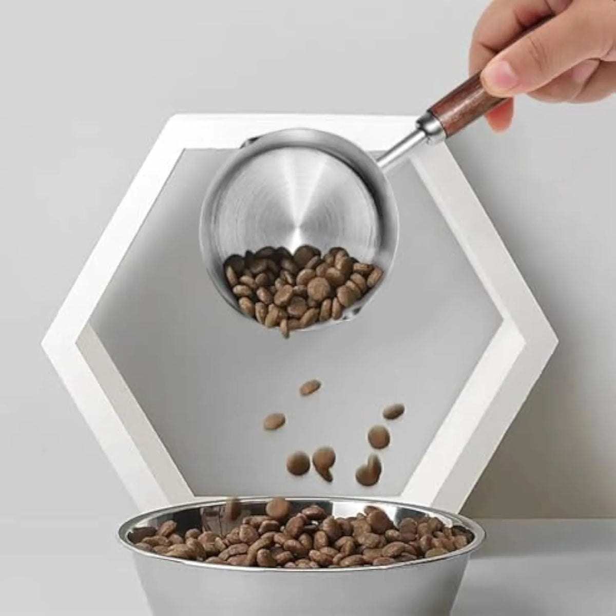 Two 304 stainless steel dog food scoops with wooden handles on a surface