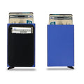 Frosted metal credit card holder in aluminium alloy showing eight colour options