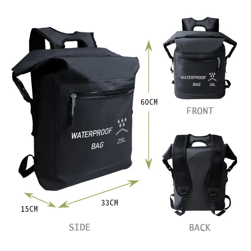 Black 25 litre waterproof backpack for river tracing rafting and swimming