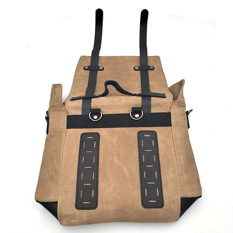 Waterproof canvas motorcycle side bag with cowhide details in black colour