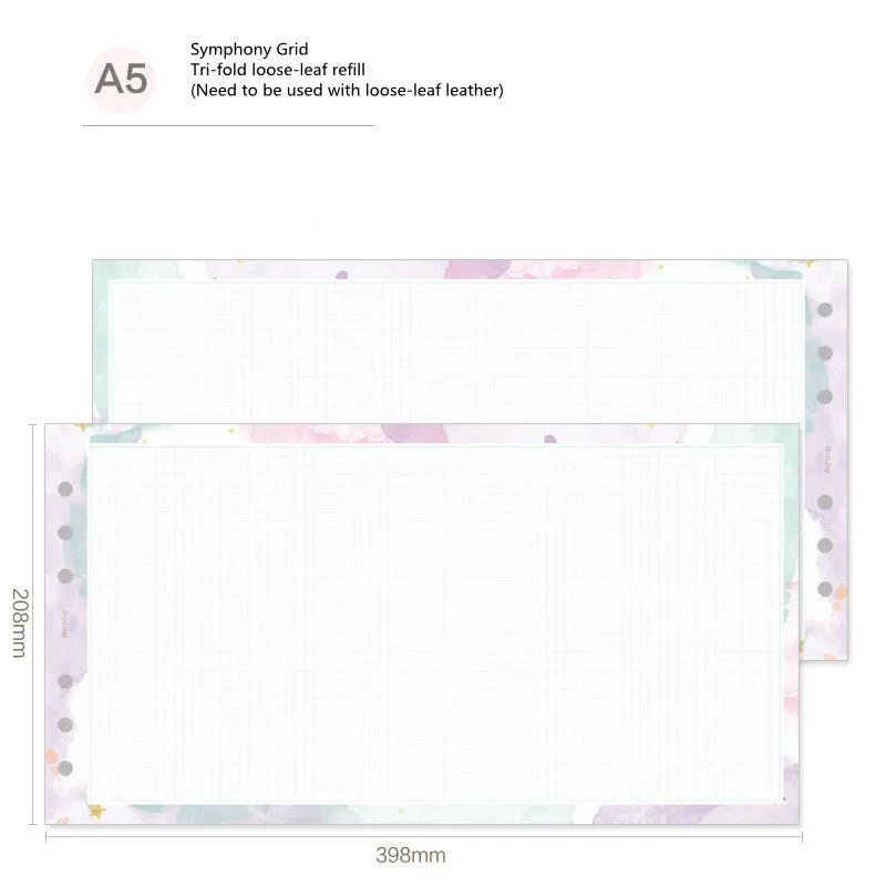 Handbook loose-leaf refill sheets showing floral monthly planner and tri-fold designs