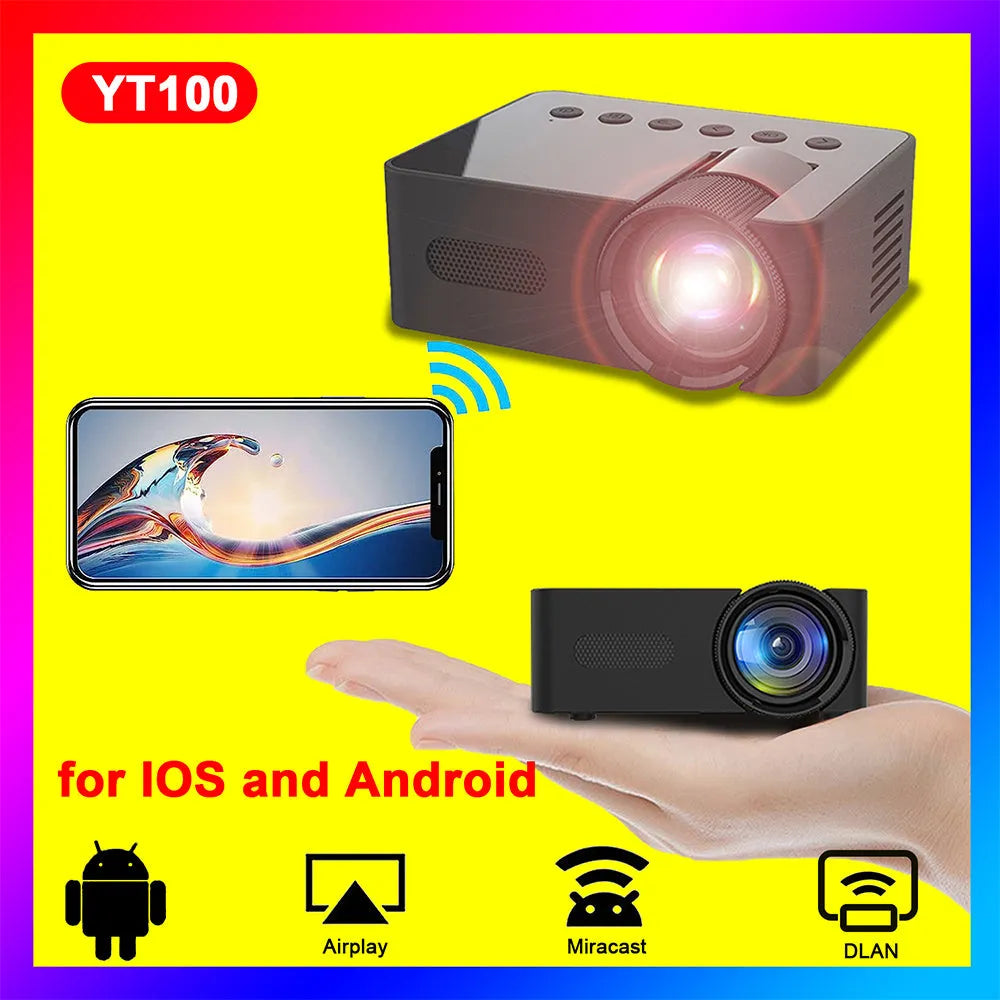 Black mini portable projector with USB power, wireless screen mirroring, 101x78x40mm body, and 165g weight