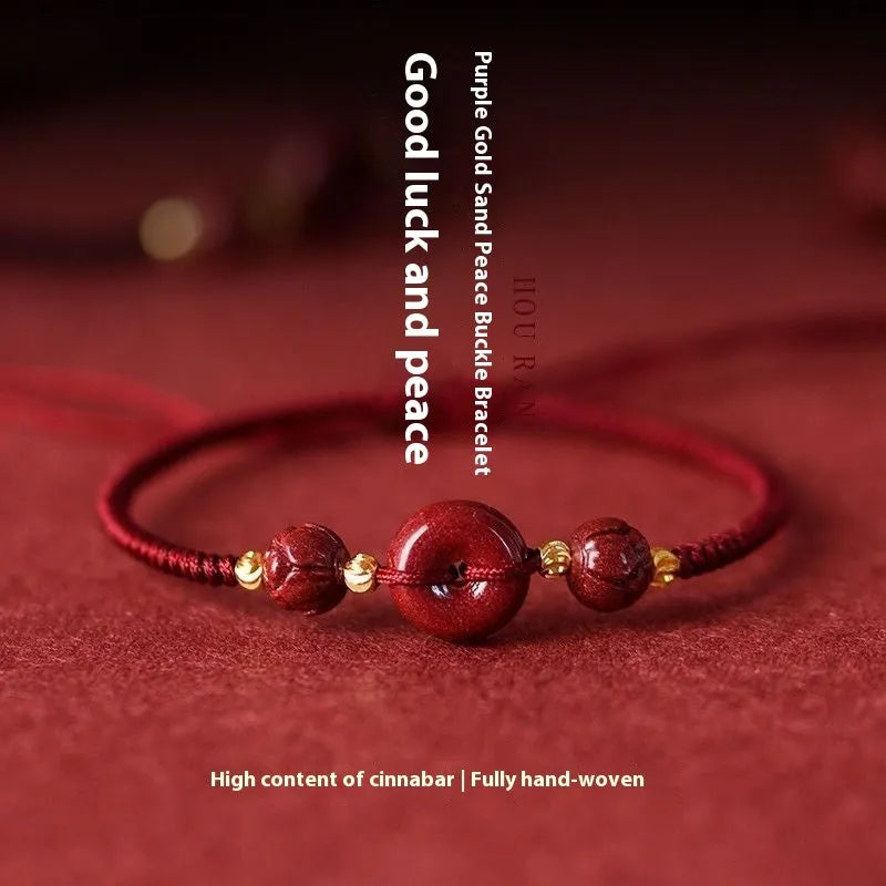 Cinnabar safety buckle bracelet with heart-shaped beads on adjustable rope cord in traditional birth year design