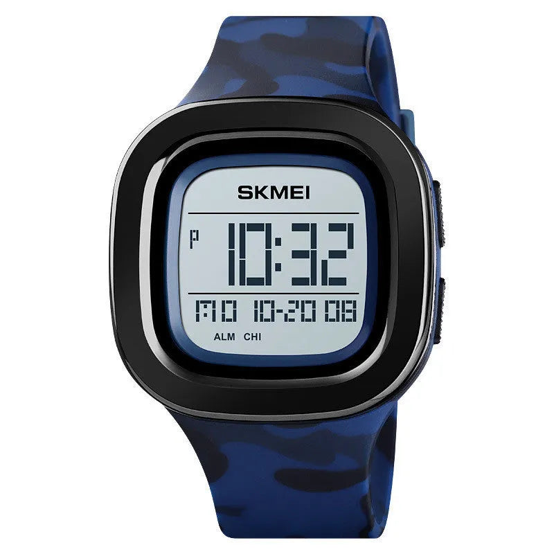 Men's square electronic sports watch with PU strap, stainless steel buckle, available in blue, Army Green, black, and camouflage.