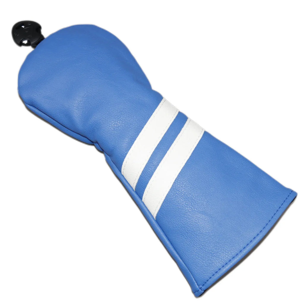 Golf club head cover with two diagonal stripes in PU material showing size and colour options