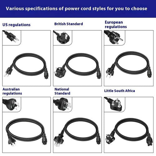 Black 65W USB-C laptop power adapter with UK plug and international travel adapters