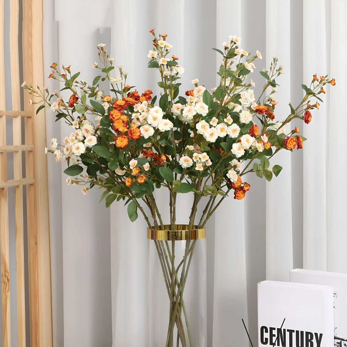 Artificial multi-head small rose ornament in silk fabric, available in five colours for wedding and photography use