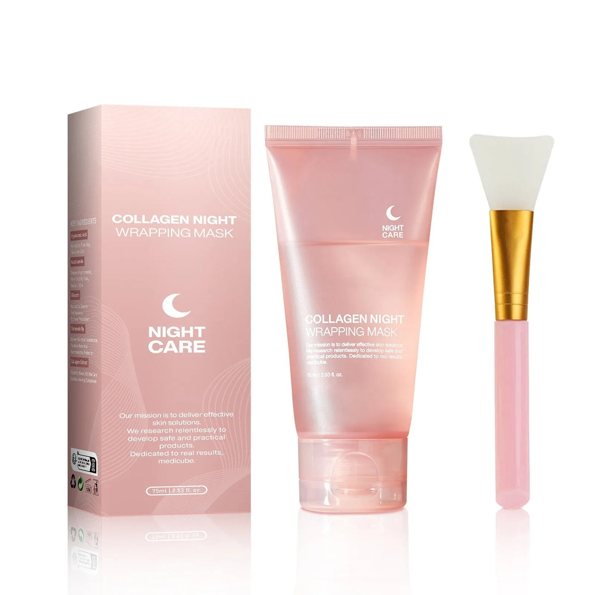75ml bottle of collagen overnight face mask with application brush on a blue background.