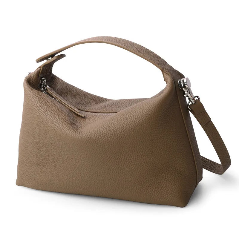 Genuine leather one shoulder lunch box bag with zip closure and internal pockets in brown, dove grey, black or khaki