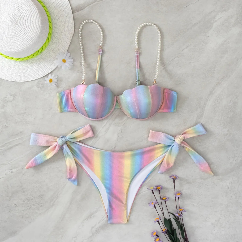 Women's shell rainbow patterned split tied bikini swimsuit with adjustable ties