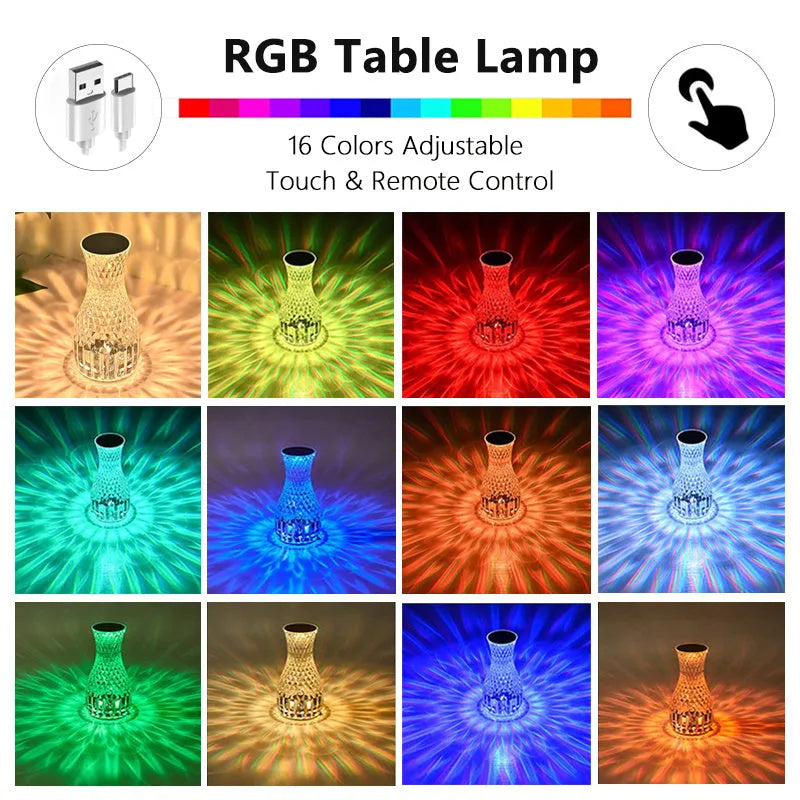Crystal vase-shaped table lamp with remote control on wooden bedside table