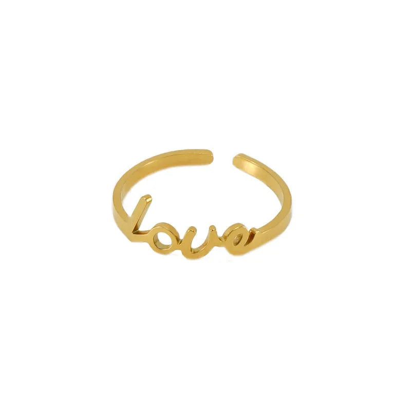 Gold electroplated stainless steel adjustable open ring with letter design, unisex style