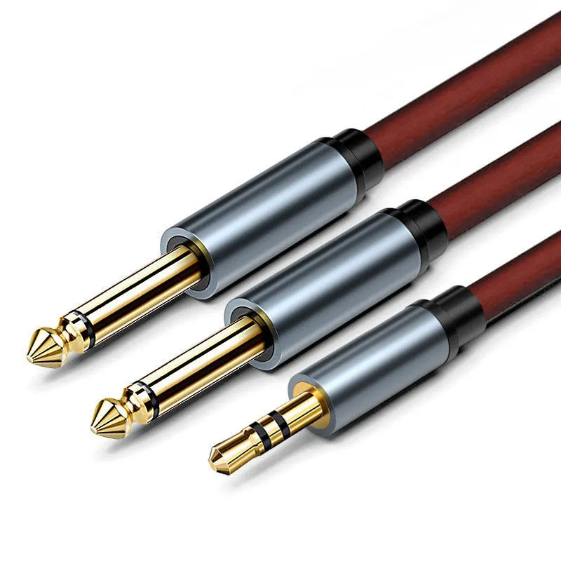 3.5mm to 6.35mm stereo audio cable with black PVC jacket and gold-plated male connectors.