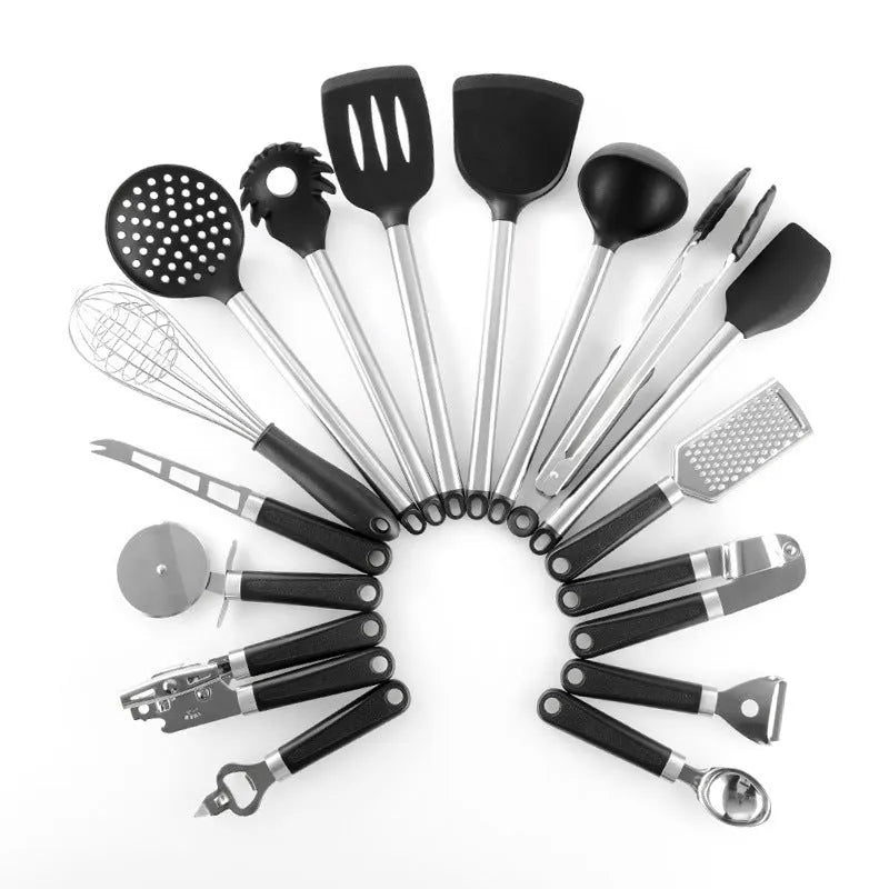 Black silicone spatula spoon set with stainless steel handles - 16 piece kitchen utensils