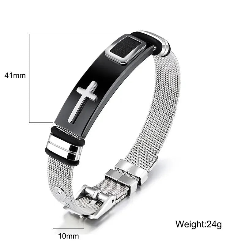 Adjustable 3D cross bracelet in stainless steel mesh chain, gold or black, about 24g, for women and men
