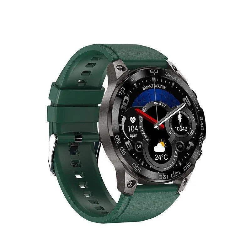 Black Bluetooth smartwatch with round AMOLED screen displaying time, on a silicone strap.