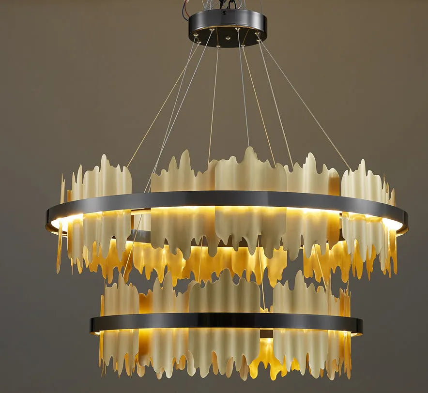 LED pendant lamp with organic glass body and iron construction, black or gold, 60cm or 80cm diameter