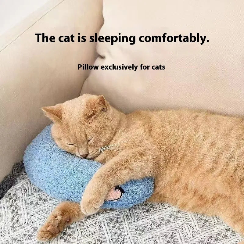 Blue U-shaped cat pillow with Moon design on a white background