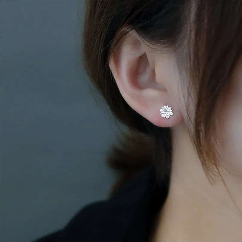 Snowflake ear stud earrings for women, copper electroplated silver colour, geometric zircon design