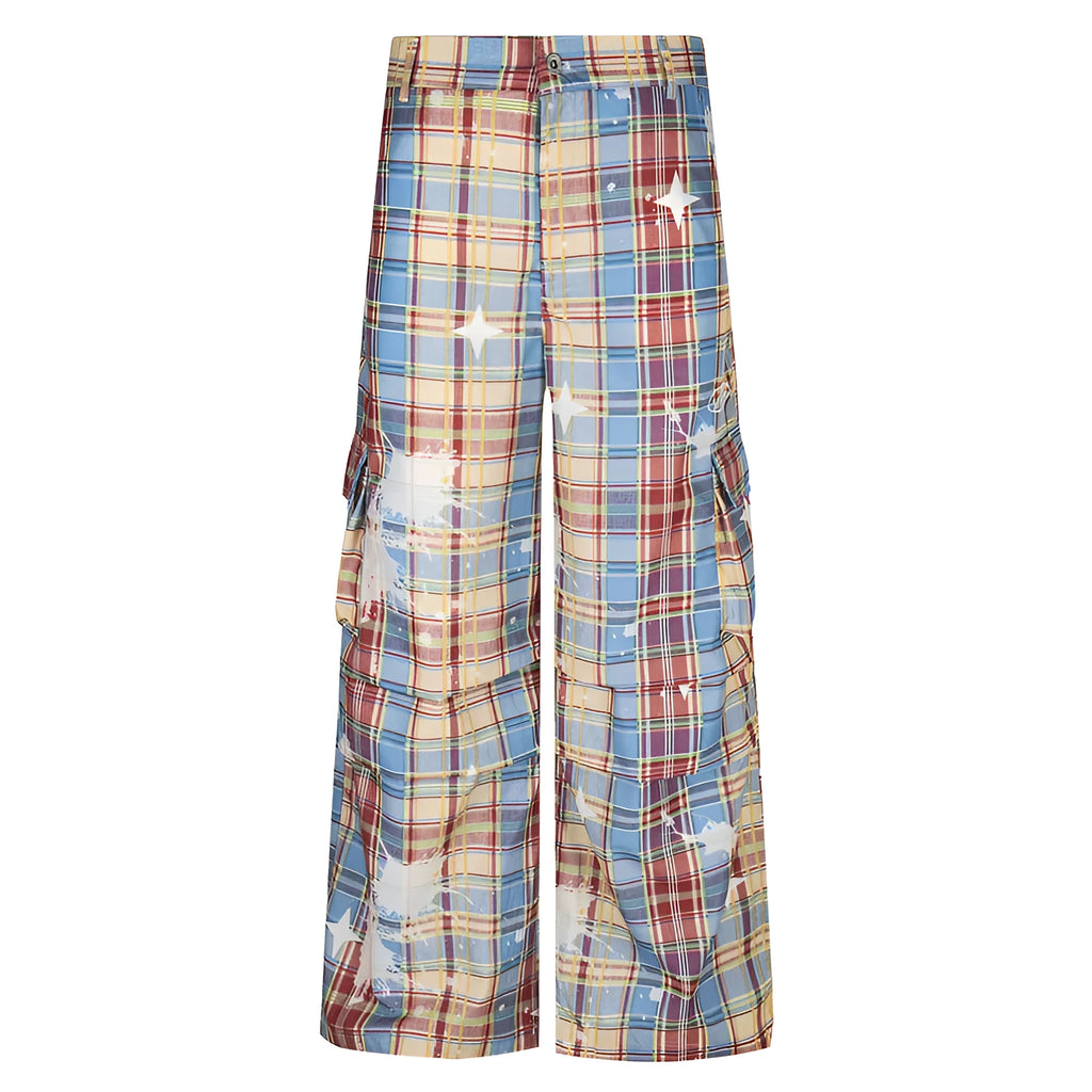 Man wearing blue retro plaid loose-fit straight leg casual trousers.