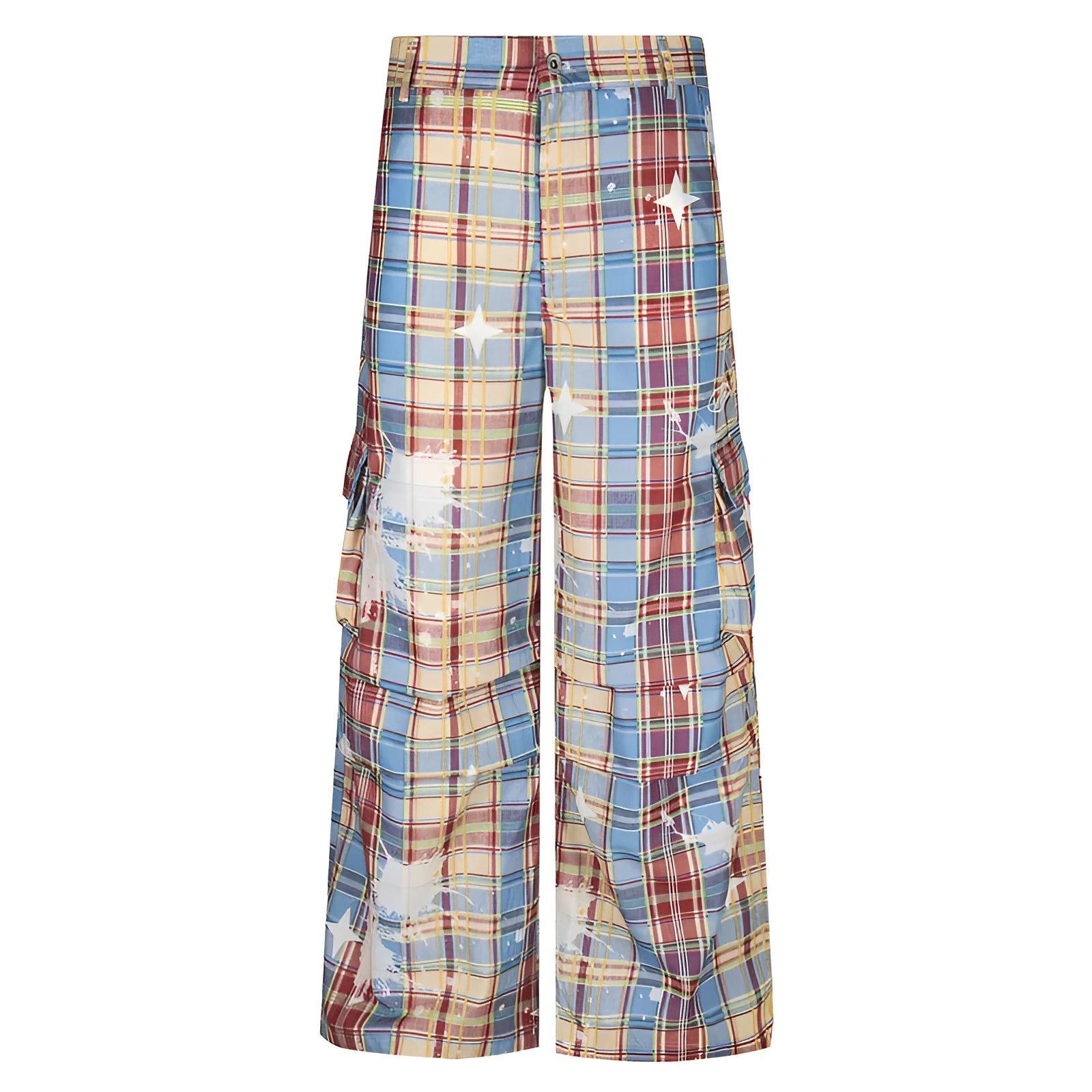 Man wearing blue retro plaid loose-fit straight leg casual trousers.