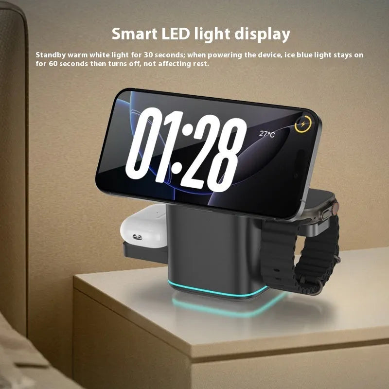 Black magnetic wireless charging stand showing phone attachment and 180-degree rotation adjustment