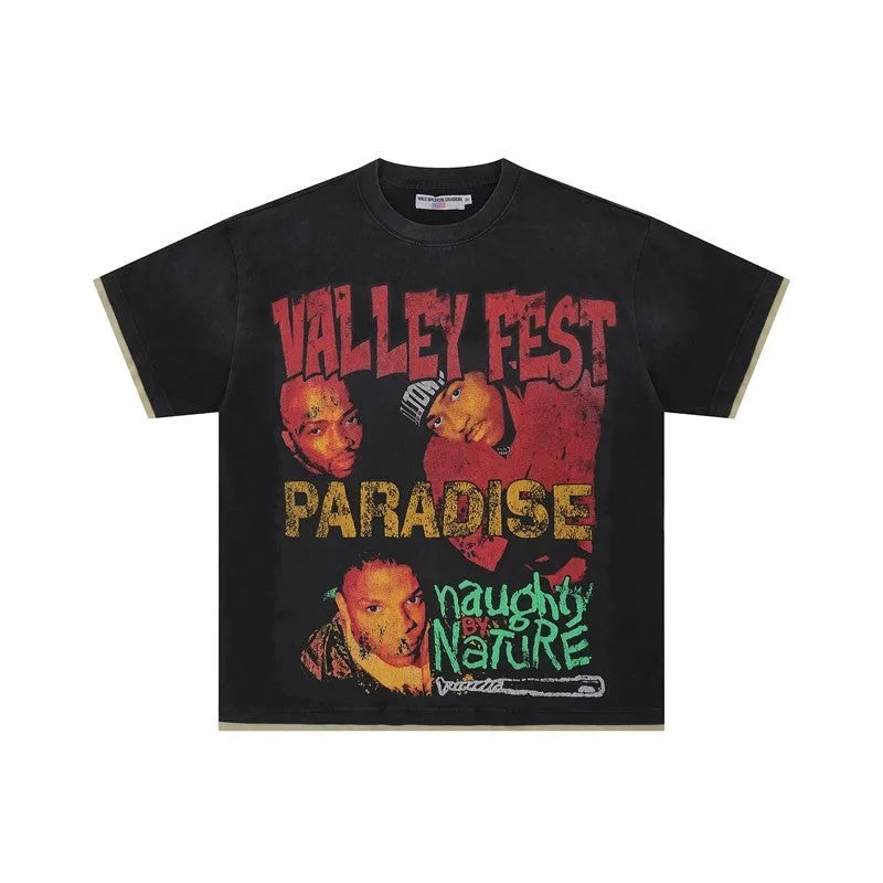 Retro cartoon figure printed short sleeve t-shirt, loose cotton pullover, washed distressed, V523 Black